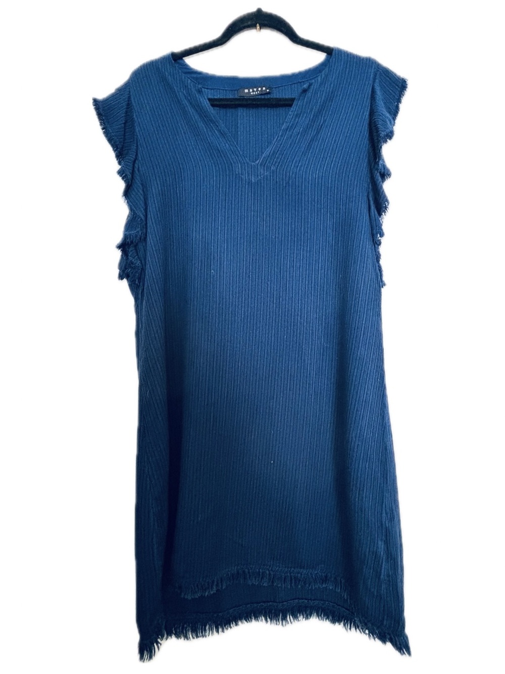 Maven West Navy Crinkle Fringe Shift Dress Flutter Sleeve Boho Size Medium